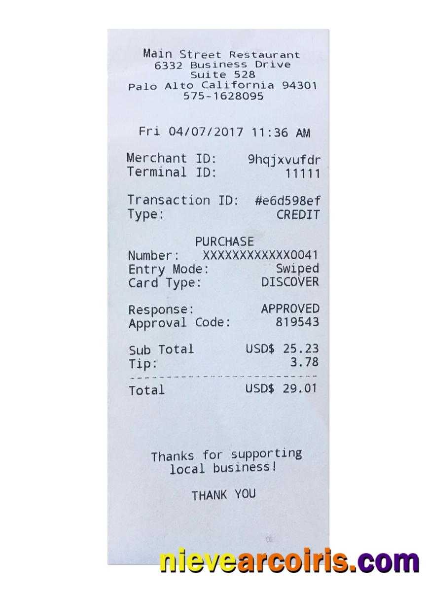 MAIN STREET RESTAURANT payment check